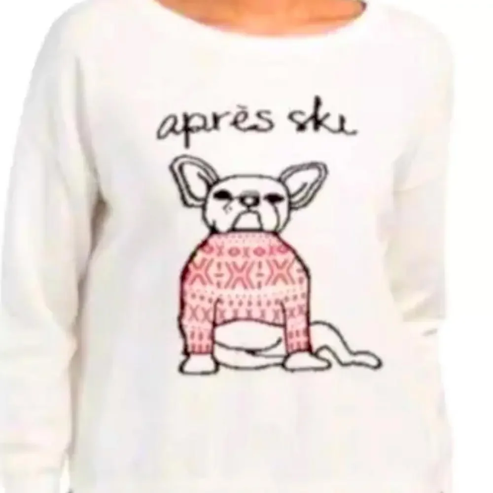 French Connection Women Sz S Apres Ski Frenchie Bulldog Parisian crop jersey